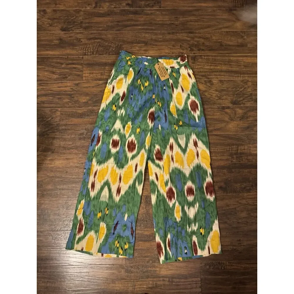 Christian Siriano Linen Rayon Boho Pull On Wide Leg Pants Womens Green Sz:small